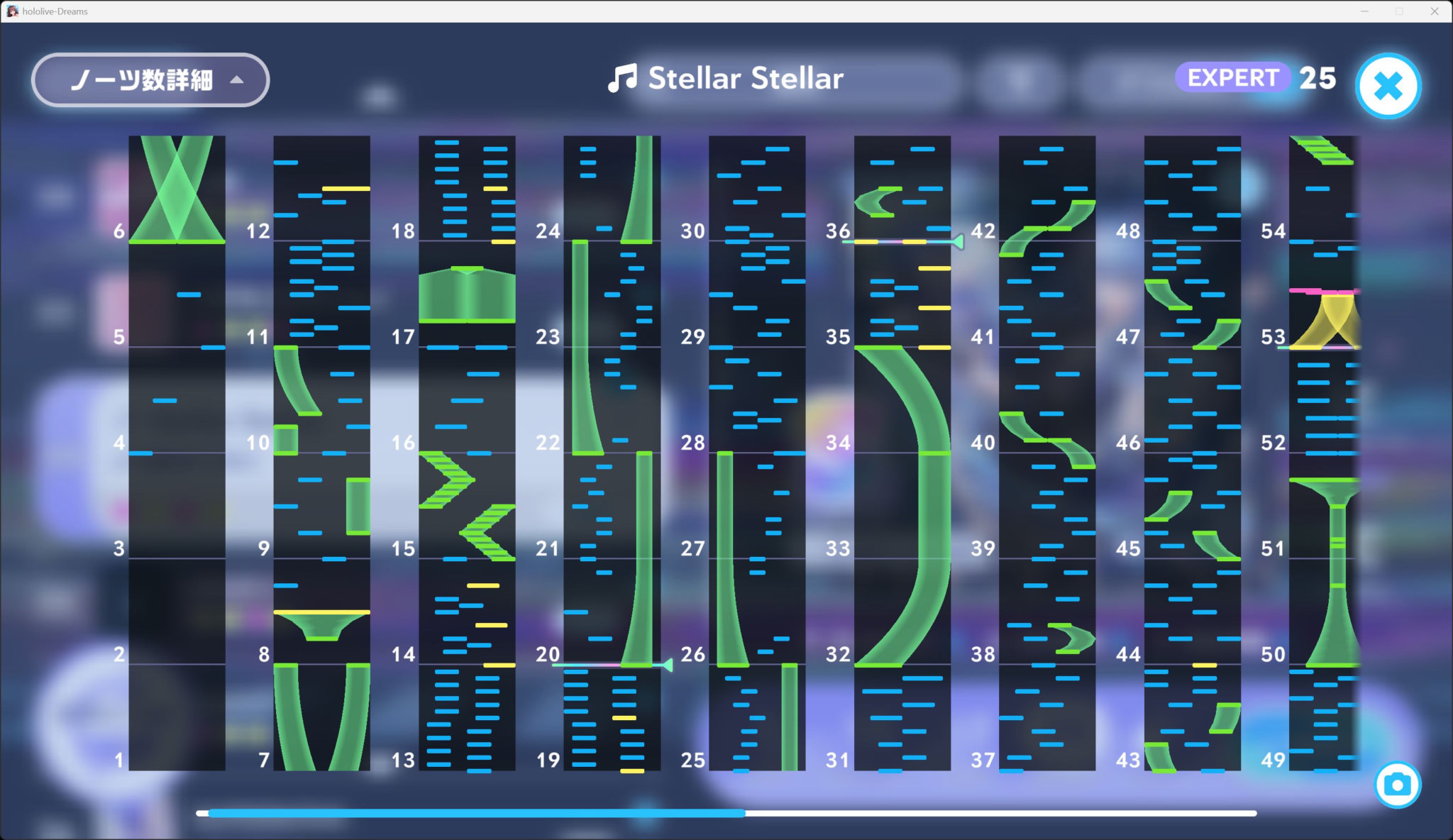 Stellar Stellar EXPERTの譜面情報。横線と矢印がスペシャル発動位置